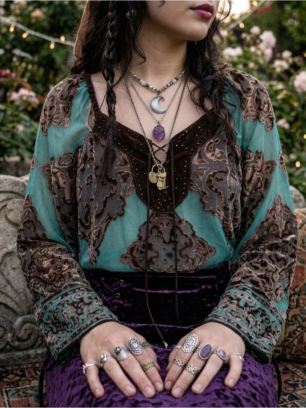 Hale Bob New Large Silk Velvet Beaded Burnout Tunic Blouse Boho Y2K Whimsigoth